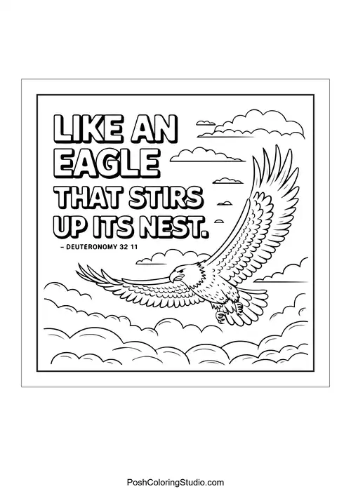 An eagle soaring among clouds with a biblical quote.