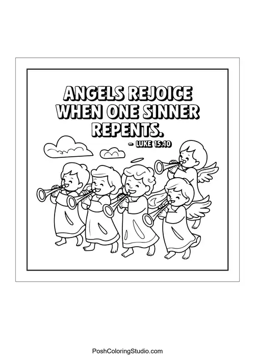 Five angels playing trumpets with the phrase 'Angels rejoice when one sinner repents.'.