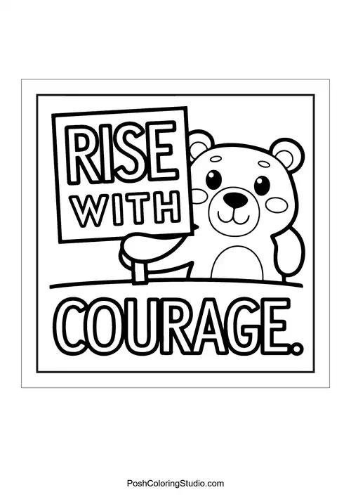 A bear holding a sign that says 'Rise with courage.'.