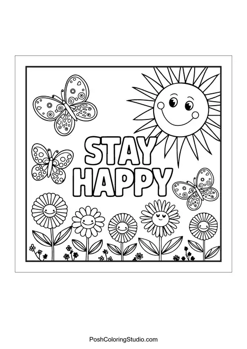 A sun and butterflies with the phrase 'Stay happy.'.