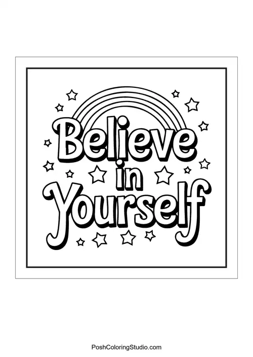 Text 'Believe in Yourself' with a rainbow and stars.