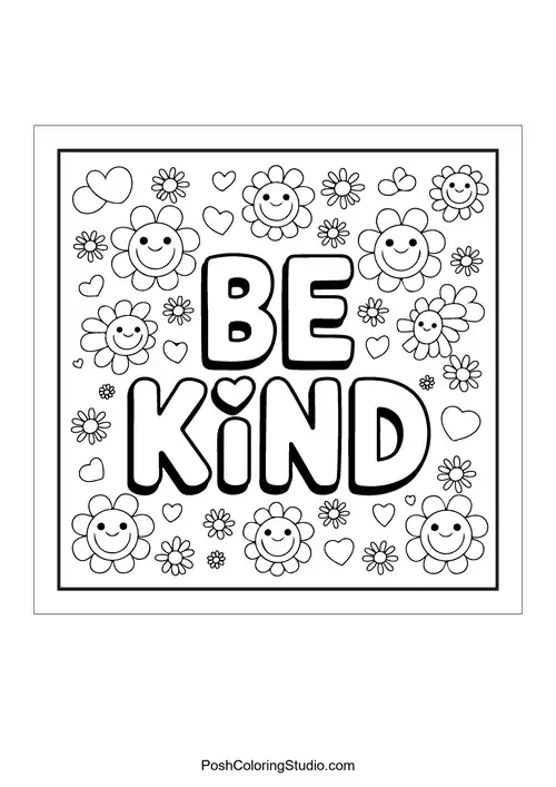 Text 'Be kind' surrounded by flowers and smiling faces.
