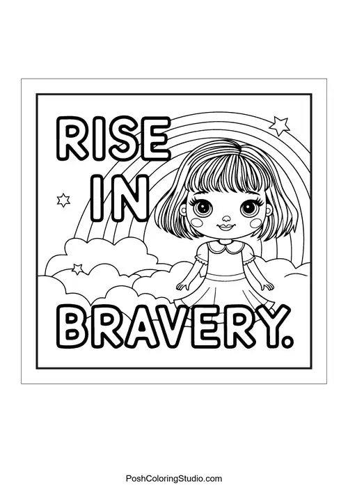 A girl with a rainbow and the phrase 'Rise in bravery.'.