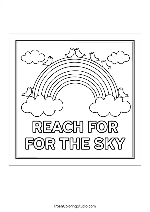 A rainbow with birds and clouds saying 'Reach for the sky.'.