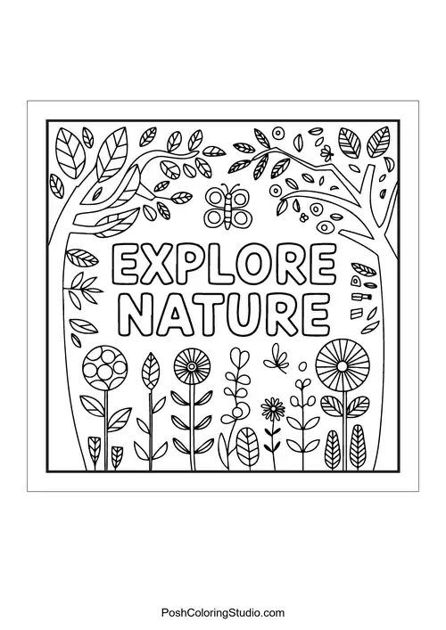 Text 'Explore nature' with various plants and flowers.