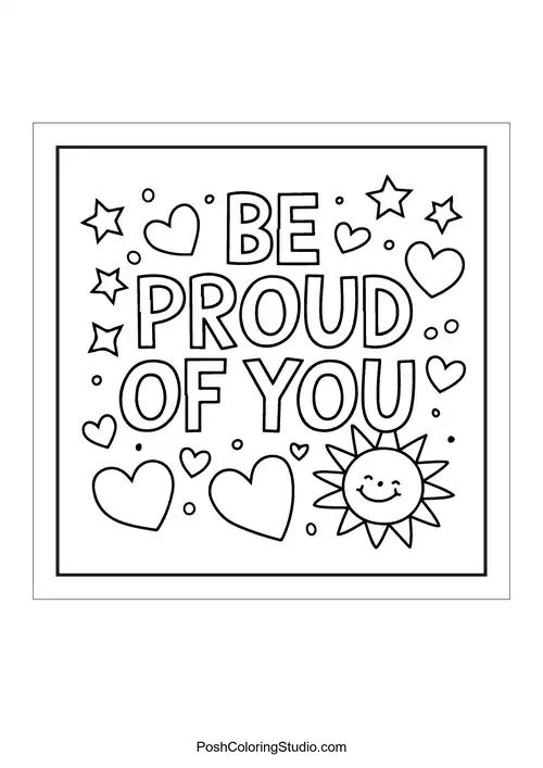 Text 'Be proud of you' with a smiling sun.