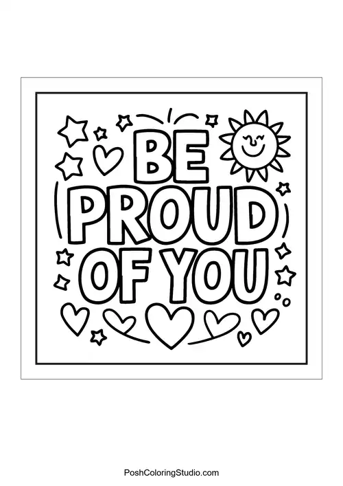 Text 'Be proud of you' with hearts and stars.