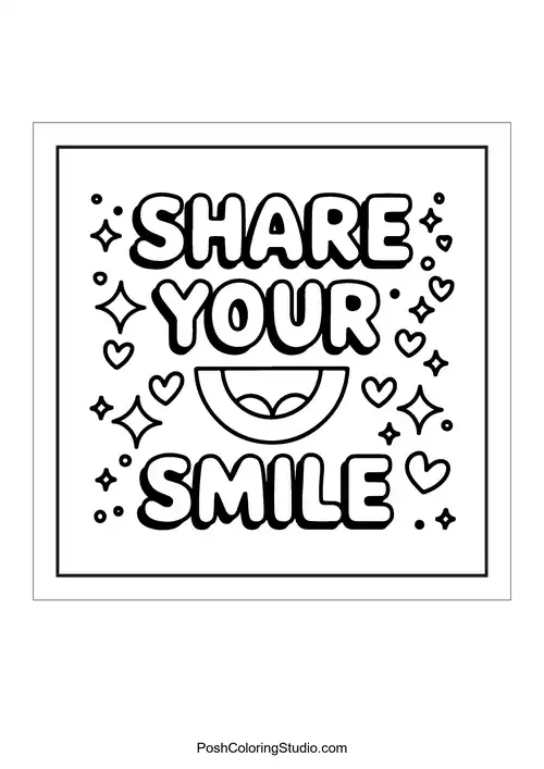 Text 'Share your smile' with stars and hearts.