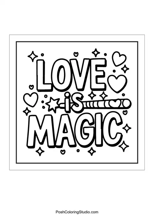 Text 'Love is magic' with a wand and hearts.
