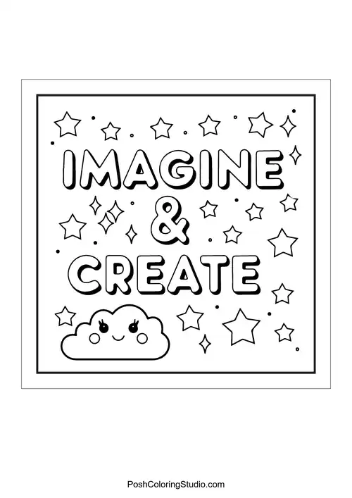 Text 'Imagine & create' with stars and a cloud.
