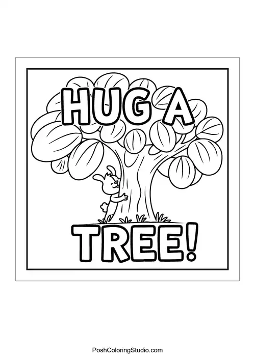 A tree with 'Hug a tree!' and a cute animal.