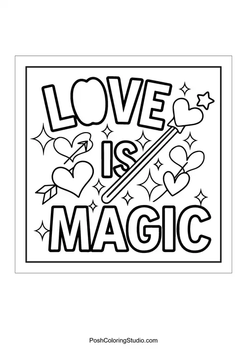 Text 'Love is magic' with hearts and a wand.