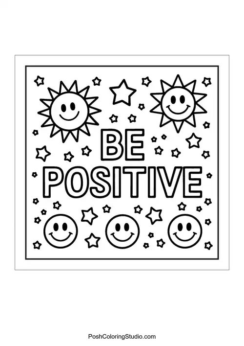 Text 'Be positive' with smiling suns and stars.