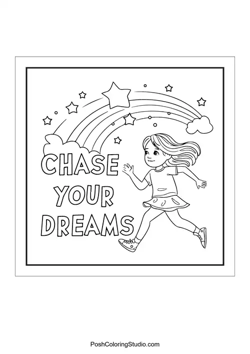 A girl running under a rainbow with 'Chase your dreams.'.