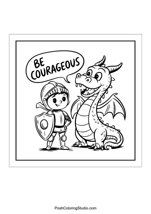 A knight and dragon with the phrase 'Be courageous.'.