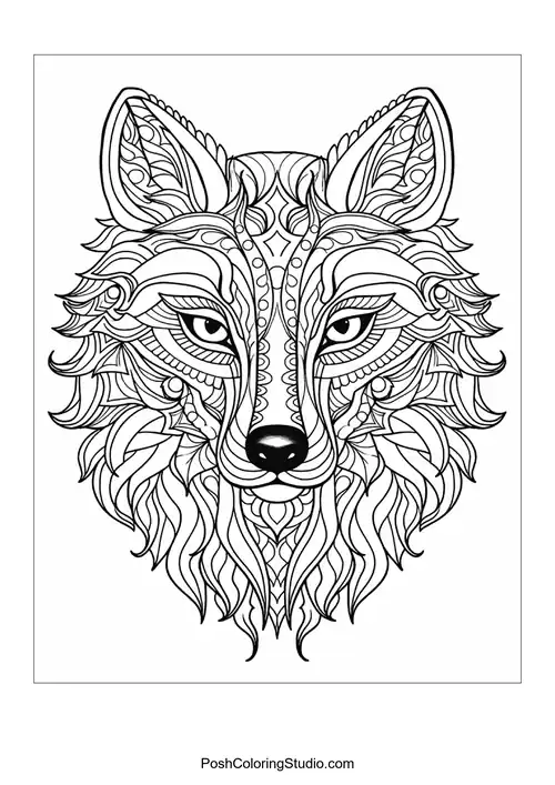 Fox head with elaborate patterns and flowing fur details.