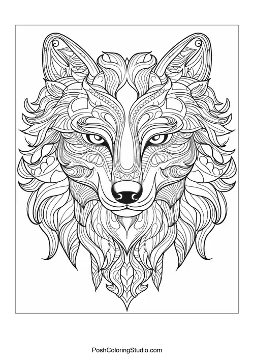 Artistic fox head with decorative elements and intricate lines.
