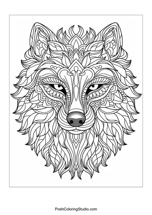 Detailed lion head with swirling mane and decorative elements.