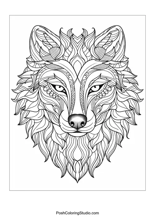 Stylized fox head with intricate line patterns and textures.