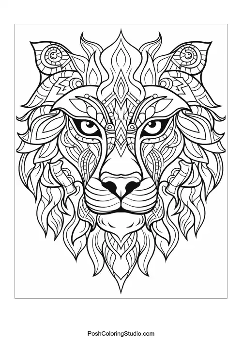 Regal lion head with a flowing mane and decorative accents.