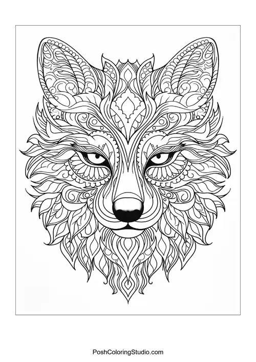 A wolf's face with elaborate mandala patterns.
