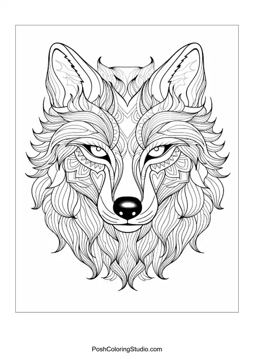 Artistic fox head with decorative elements and intricate lines.
