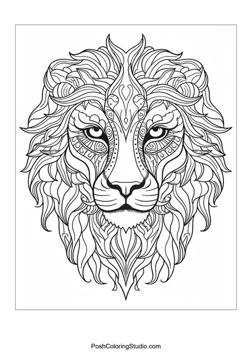 Detailed lion head with swirling mane and decorative elements.