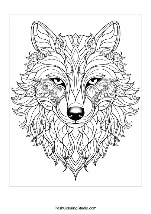 Fox head with elaborate patterns and flowing fur details.