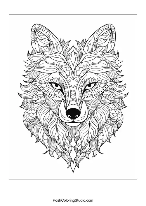 Artistic fox head with decorative elements and intricate lines.