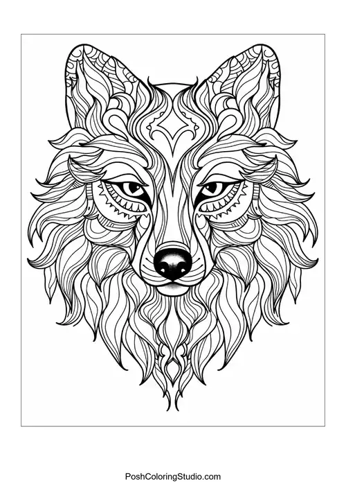 Stylized fox head with intricate line patterns and textures.