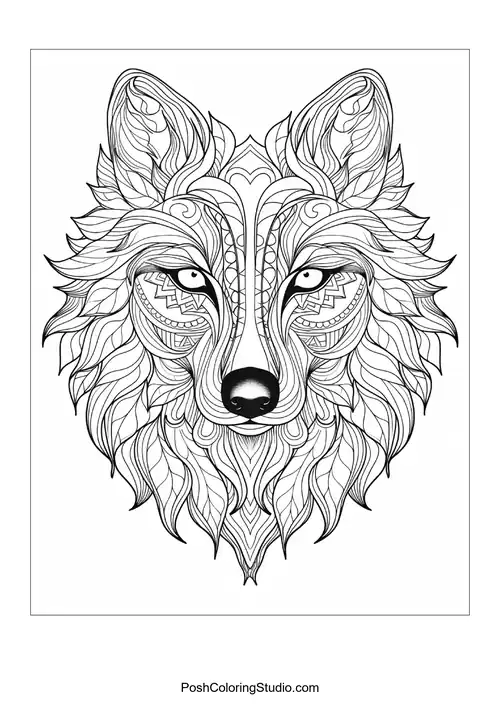 Fox head with elaborate patterns and flowing fur details.