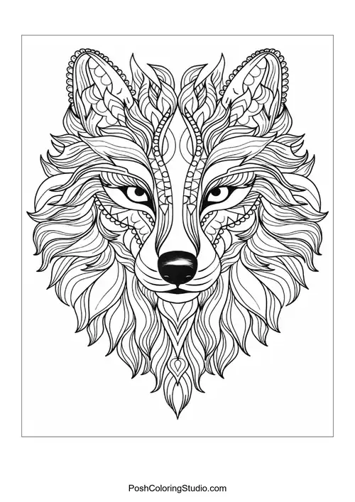 A wolf's face featuring intricate tribal patterns and textures.