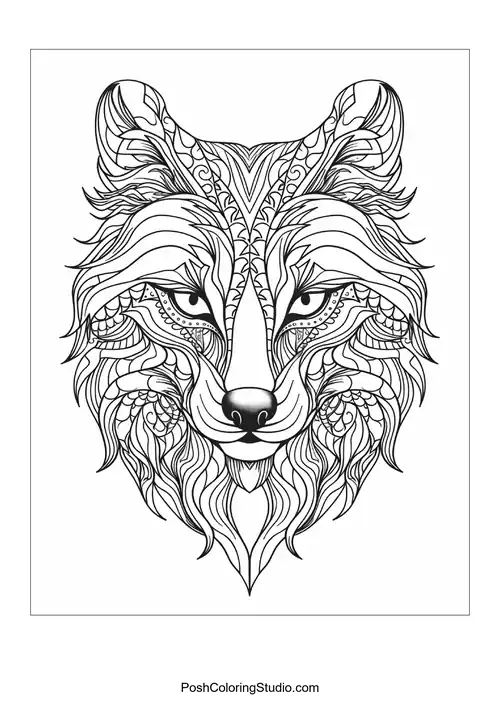 A wolf's face featuring detailed geometric designs and textures.