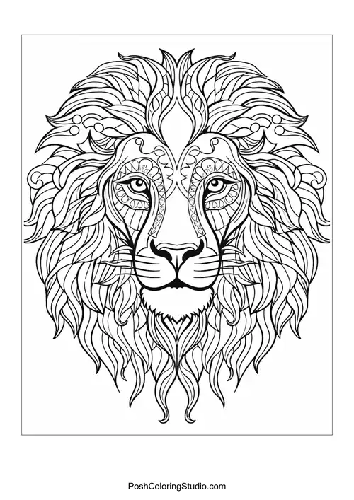 Ornate lion head with flowing mane and intricate designs.