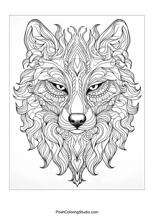Stylized lion head with intricate line patterns and textures.