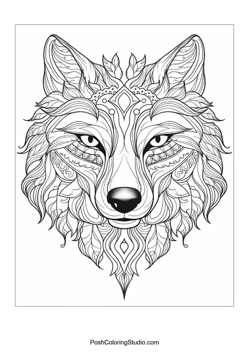 A wolf's face with elaborate patterns and textures.