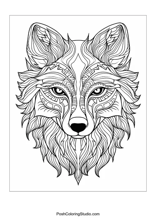 Artistic fox head with decorative elements and intricate lines.