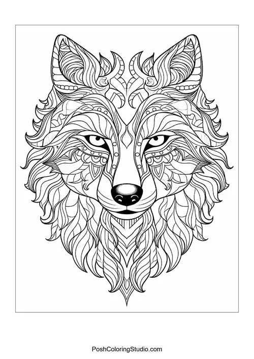 Stylized fox head with flowing fur and ornate details.