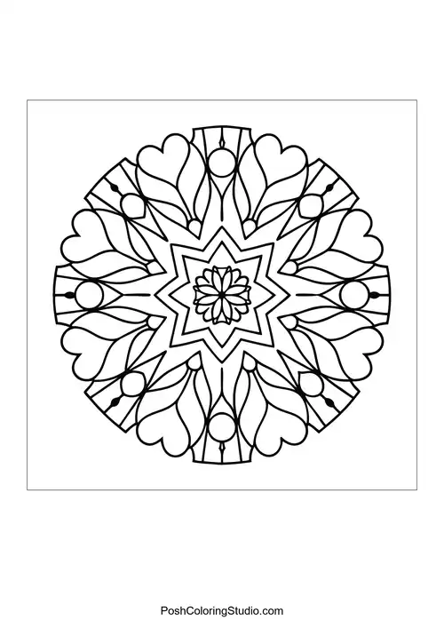 A circular mandala design with symmetrical patterns.
