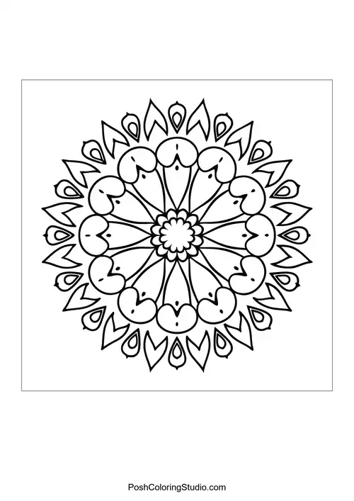 A mandala design with layered heart shapes and floral elements.