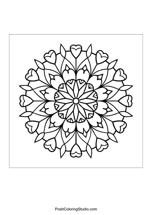 A circular mandala with intertwining hearts and floral patterns.