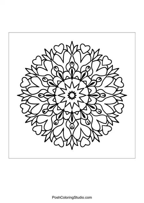 A circular mandala with heart shapes and swirling lines.
