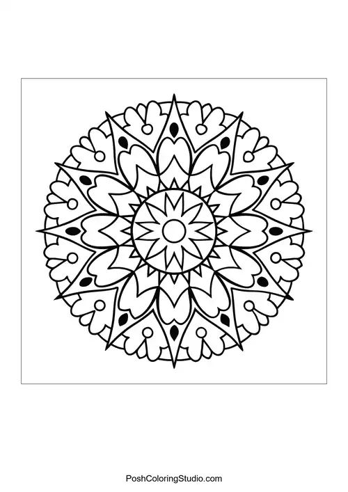 A circular mandala featuring heart shapes and pointed leaves.