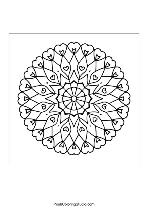 A mandala featuring hearts and flowing lines in a circular pattern.