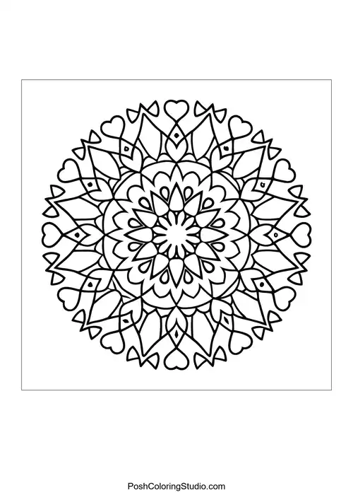 A mandala featuring intricate heart shapes and floral designs.