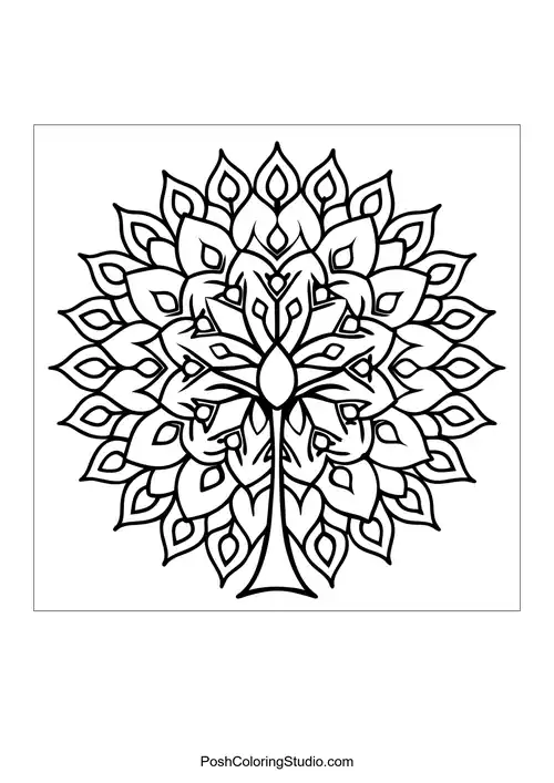 Symmetrical flower mandala with layered petals and dots.