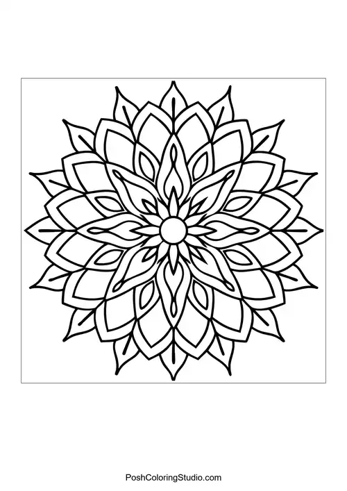 Flower mandala with intricate petal shapes and leaf patterns.