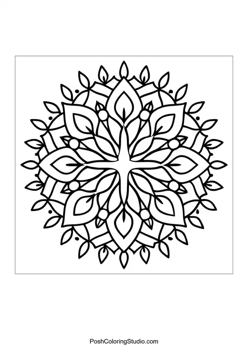 Flower mandala with layered petals and circular motifs.