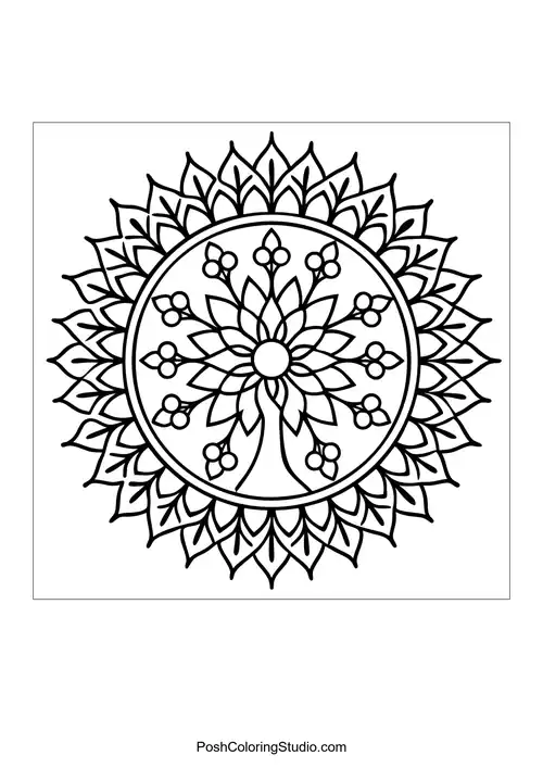 Flower mandala with a central flower and surrounding patterns.