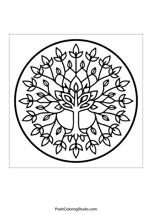Flower mandala with a star-shaped center and leaf patterns.